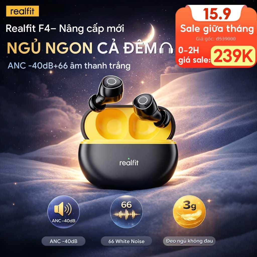 Tai Nghe Bluetooth Realfit F4 Nâng cấp Mới,Chống ồn ANC-40dB APP Riêng, 66 Âm Trắng,BT6.0, Bass Mạnh