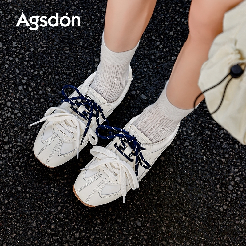 Agsdon Giày Thể Thao Nữ Màu Trắng Kem Phối Dây Kép – Sneaker Nữ Đế Bằng Phong Cách Hàn Quốc Vintage Đi Học Đi Làm