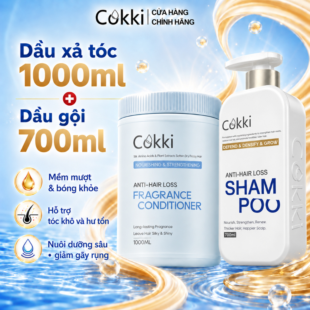 Dầu xả tóc hư tổn Cokki Repair 1.000ml-Contains Chiết xuất dừa, Keratin & Collagen, Giảm gãy rụng, Nhanh chóng Nuôi dưỡng tóc mịn màng, Chai lớn Tiết kiệm chi phí