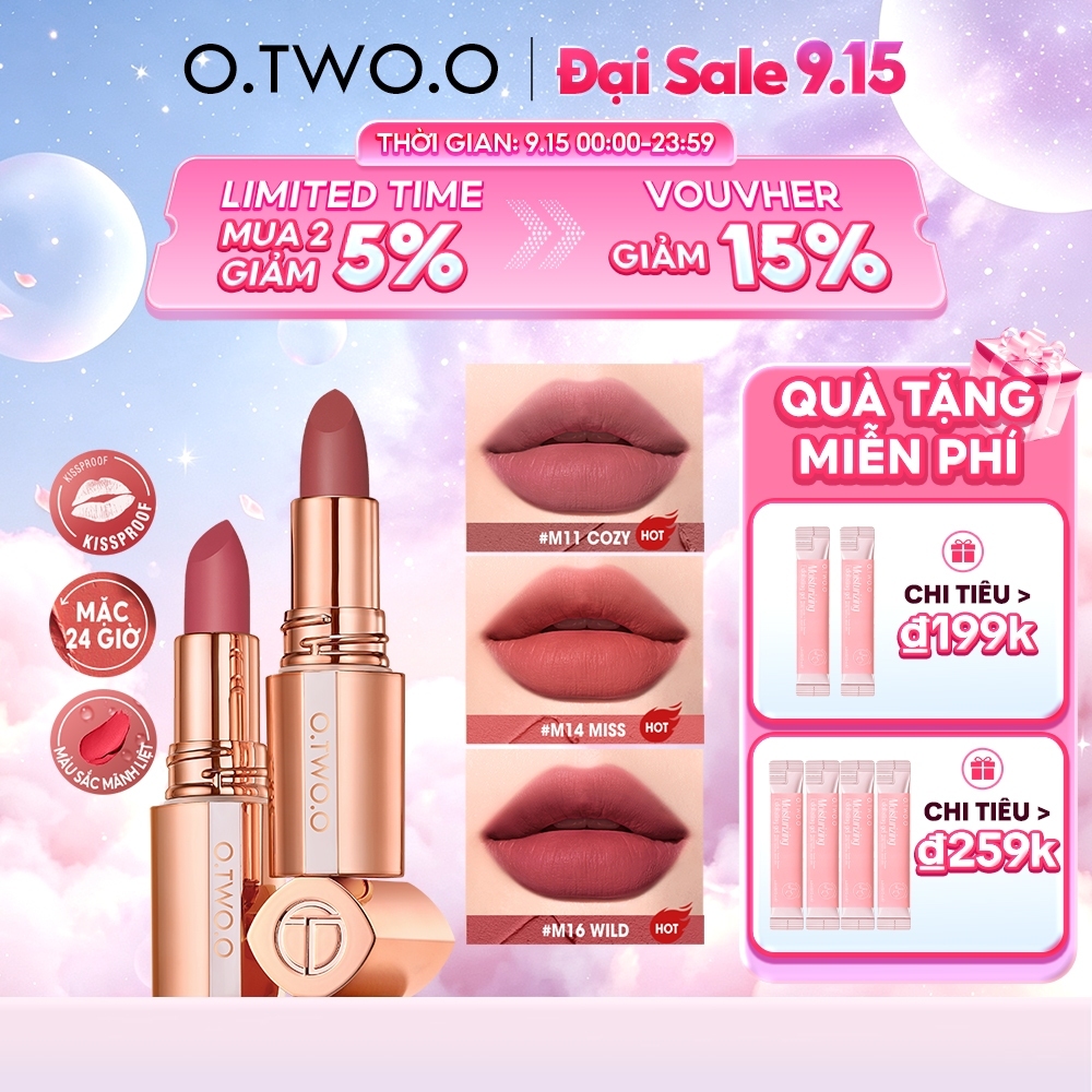 Thỏi son lì O.TWO.O nhung mịn lâu trôi không thấm nước chống khô 8 màu tùy chọn 39g