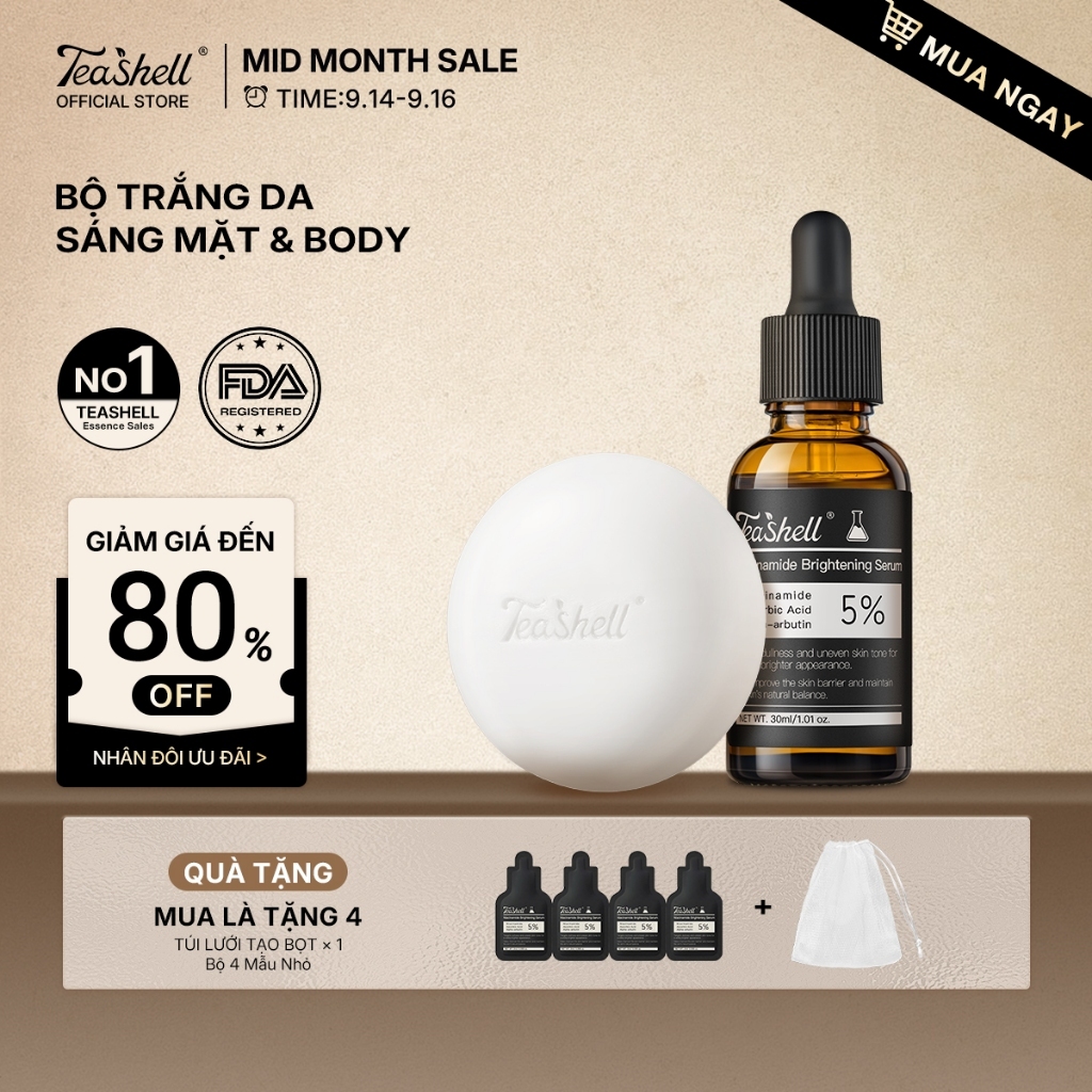 【MUA LÀ TẶNG 4 SẢN PHẨM】BỘ KIT Teashell Serum 5% Niacinamide Arbutin 30ml + Xà Phòng Làm Trắng Toàn Serum Trẻ Hóa Da Giảm Vết Thâm Mụn Đốm Nám Cải Thiện Lỗ Chân Lông Mờ Vết Đỏ Dưỡng Trắng Da Toàn