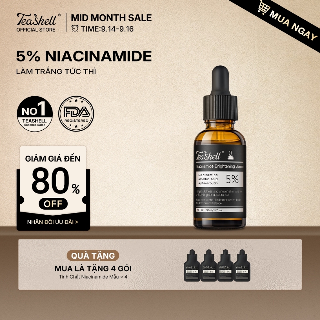 【MUA LÀ TẶNG 4 SẢN PHẨM 】Teashell SERUM LÀM SÁNG 5% Niacinamide + Arbutin 30ml Skin Formula Serum-SpotsBrighte, Giảm Vết Thâm Toner serum cải thiện lỗ chân lông mờ thâm mụn