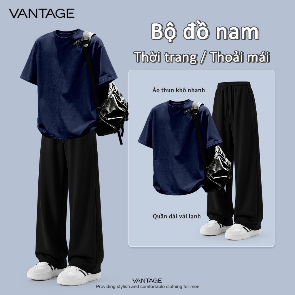 VANTAGE combo retro nam áo thun tay ngắn graphic + quần dài thư giãn thẳng lạnh mát outdoor thoáng khí hot trend (NST+BZK)