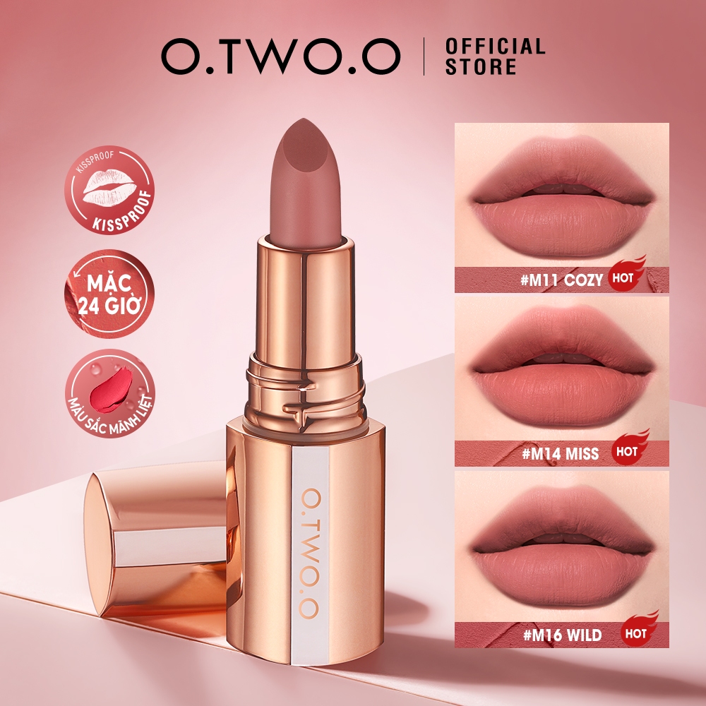 Thỏi son lì O.TWO.O nhung mịn lâu trôi không thấm nước chống khô 8 màu tùy chọn 39g