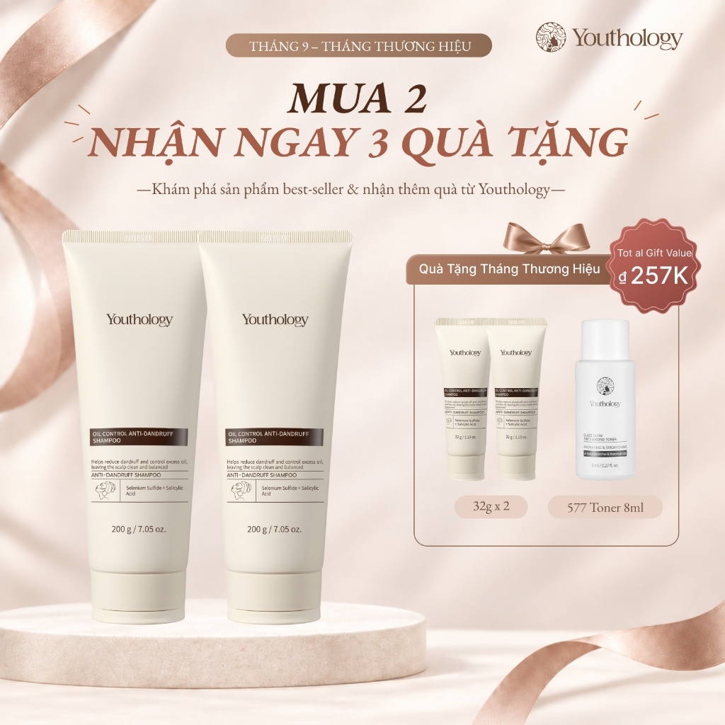 Youthology Dầu Gội Ngừa Gàu Kiểm Soát Dầu 200g x2 – Tặng Dầu Xả Du Lịch 32ml x2, Giảm Ngứa, Sạch Gàu, Thơm Lâu