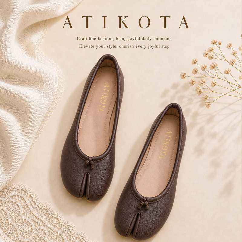 Atikota Giày bệt nữ Tabi xẻ ngón, kiểu dáng slip-on, thời trang, thoải mái, nhẹ, đế mềm, phù hợp mang hàng ngày.