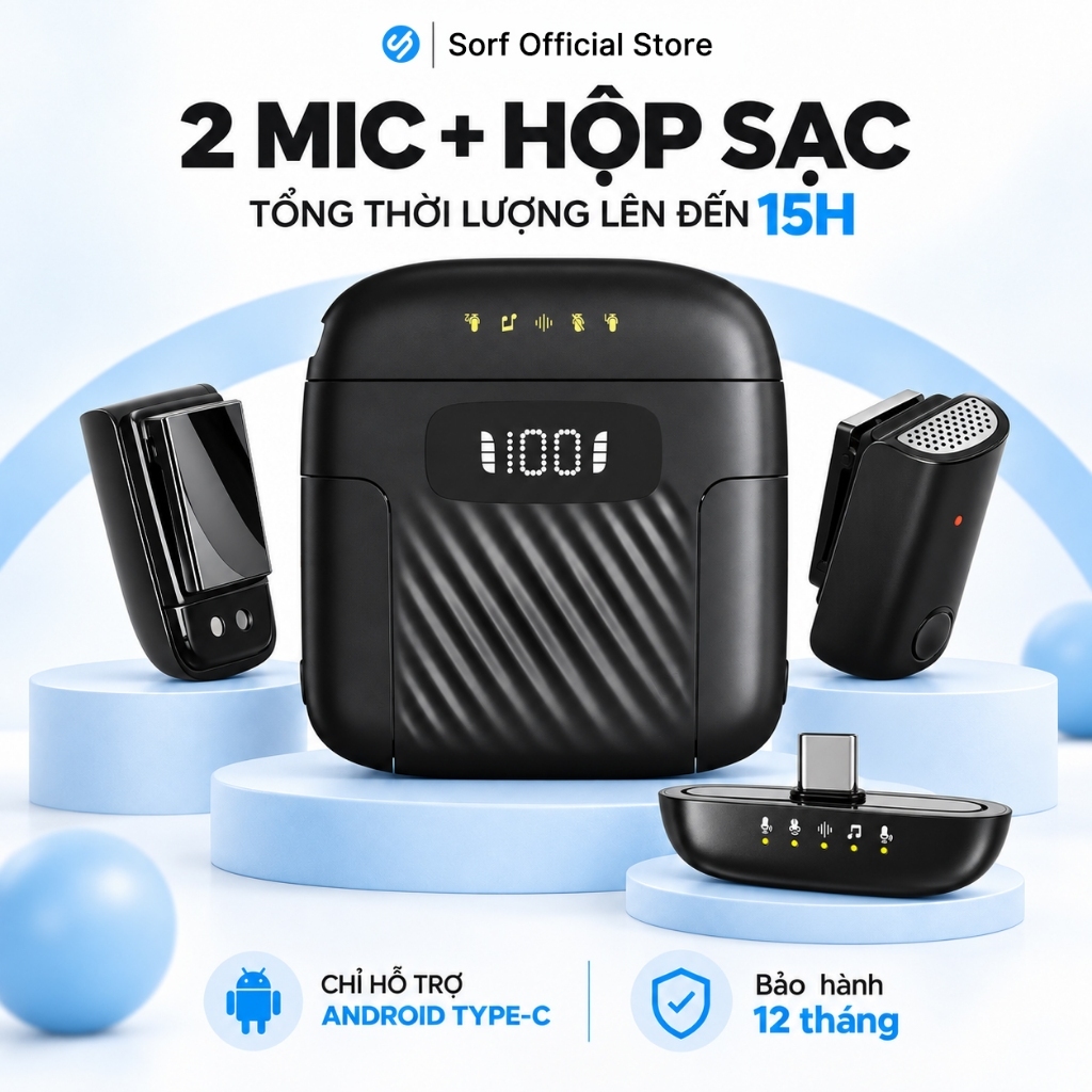 Sorf Mic Thu Âm Không Dây Micro Thu Âm lọc Tiếng Ồn Livestream Ồn Cho Điện Thoại Mini 2 Mic Type-C 360° Hộp Sạc Có Màn Hình