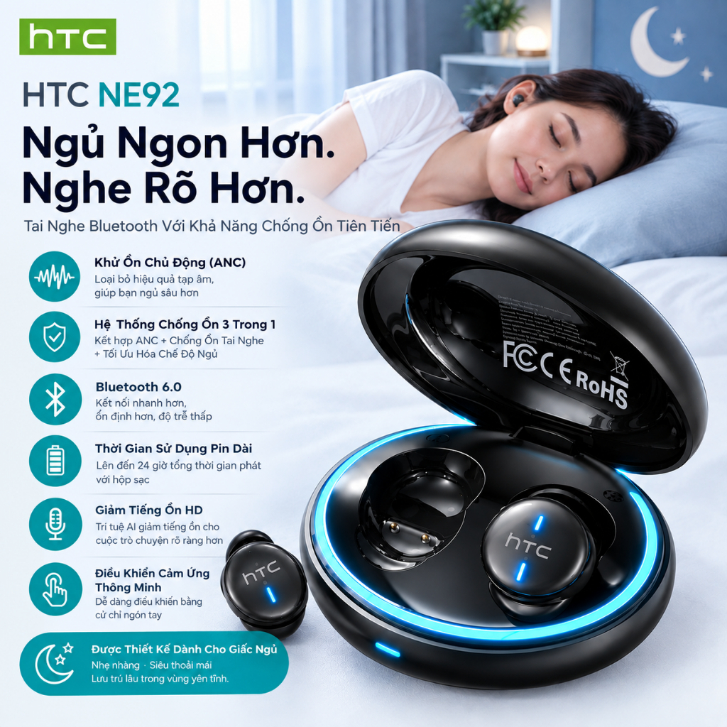 HTC NE92 Tai nghe Bluetooth tăng cường tiếng ồn chủ động   Giảm tiếng ồn ENC, Cách ly âm thanh ba lớp, Tuổi thọ pin dài, Bluetooth 6.0