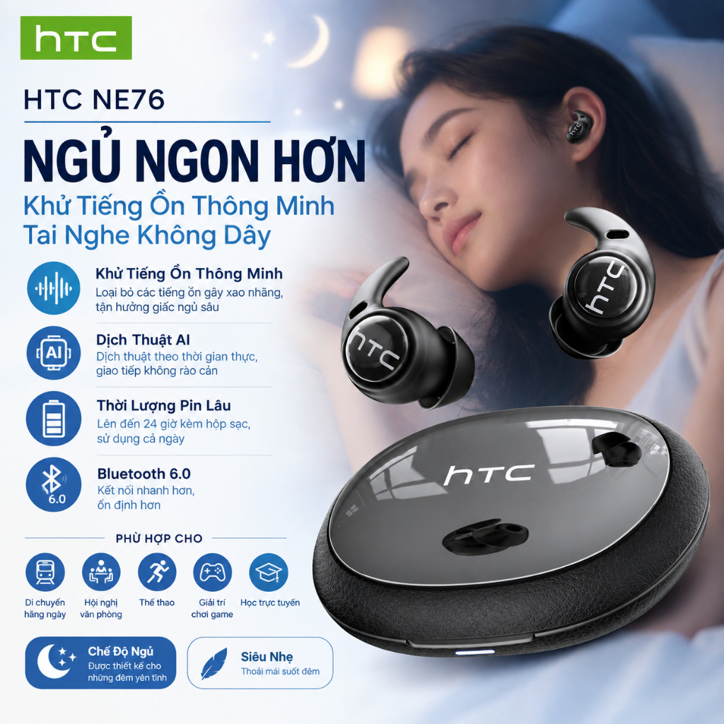 HTC NE76 Tai Nghe Phiên Dịch Al Tai nghe không dây dịch thời gian thực thông minh Bluetooth 6.0 có  Tai nghe kinh doanh có Mic chống nước IPX5 SLEEP ASMR