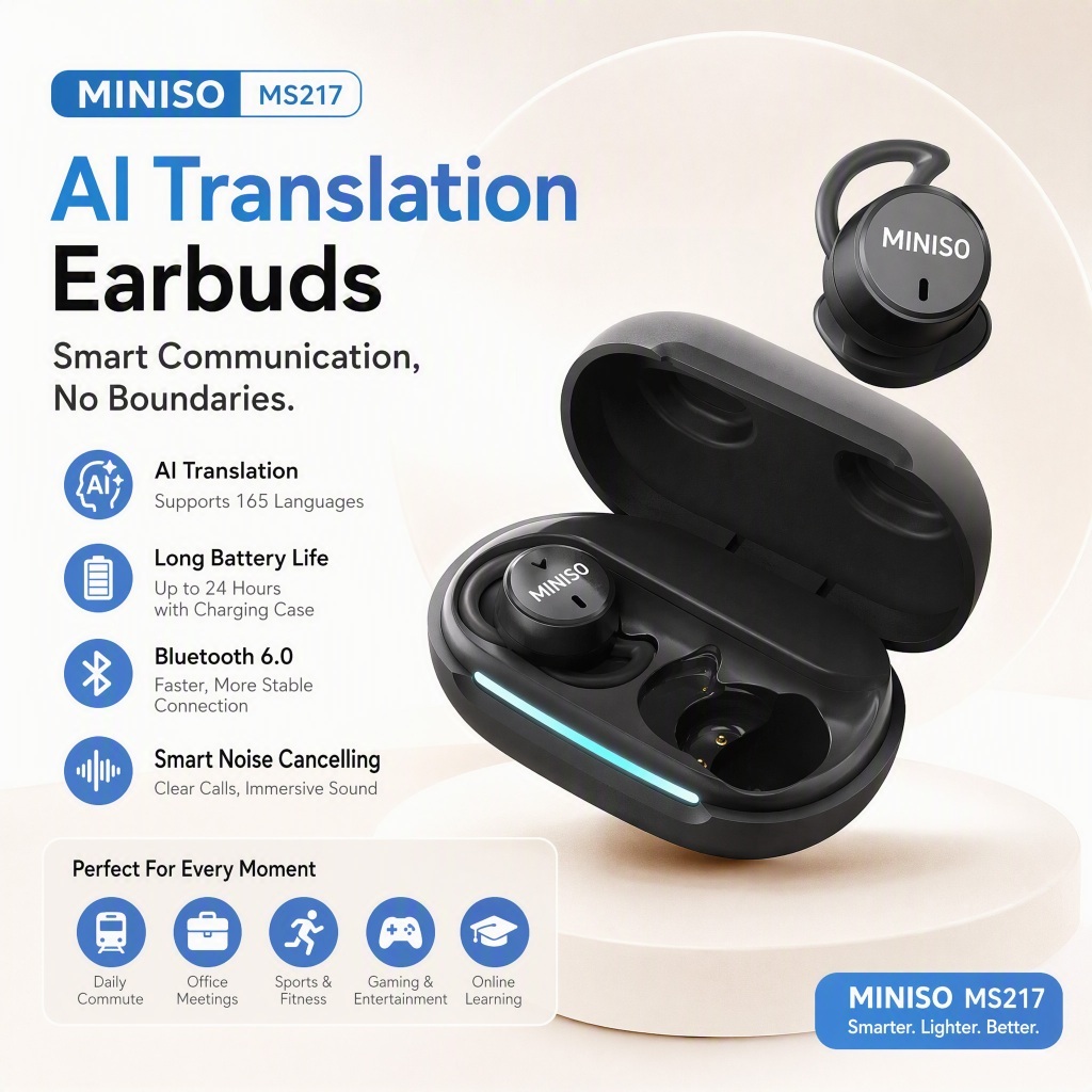 MINISO MS217 Tai nghe Bluetooth  Công nghệ AI dịch thuật 134 ngôn ngữ  Chống ồn chủ động ANC Hỗ trợ giấc ngủ  siêu nhẹ Âm thanh HiFi Chống nước IPX5