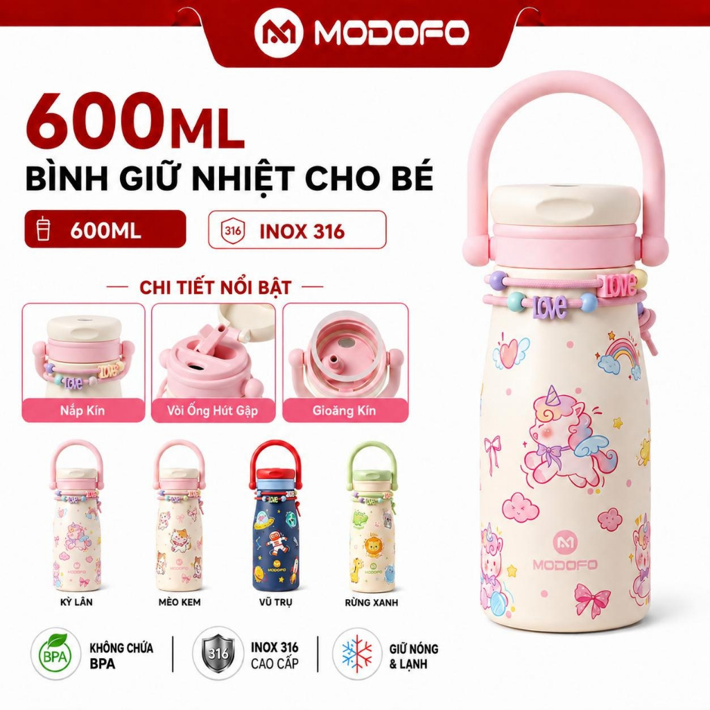 MODOFO Bình Giữ Nhiệt Cho Bé 【600ML】– Inox 316, Có Ống Hút, Chống Tràn, Thiết Kế Hình Hoạt Hình Dễ Thương Cho Bé Đi Học
