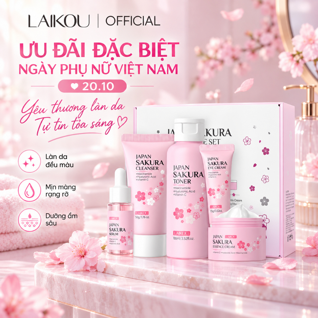 Bộ Skincare LAIKOU Sakura Nhật Bản Hộp Quà & Túi Mini Serum Kem Dưỡng Kem Mắt