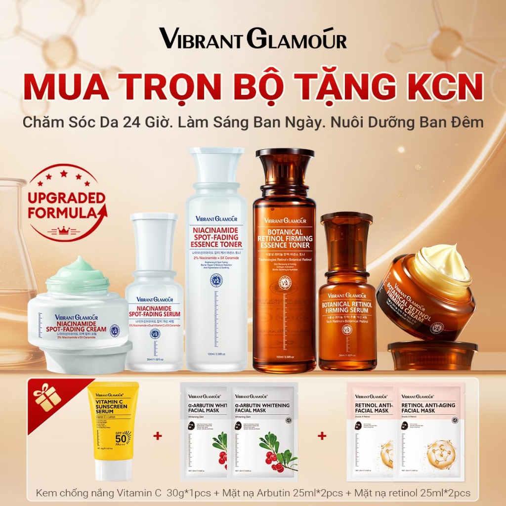 Bộ Skincare 6 Món Ngày & Đêm 2.0 VIBRANT GLAMOUR Niacinamide + Retinol Thực Vật | Ban Ngày Dưỡng Trắng Mờ Nám Không Tái Sạm - Ban Đêm Phục Hồi, Bổ Sung Collagen Giúp Mờ 5 Loại Nếp Nhăn