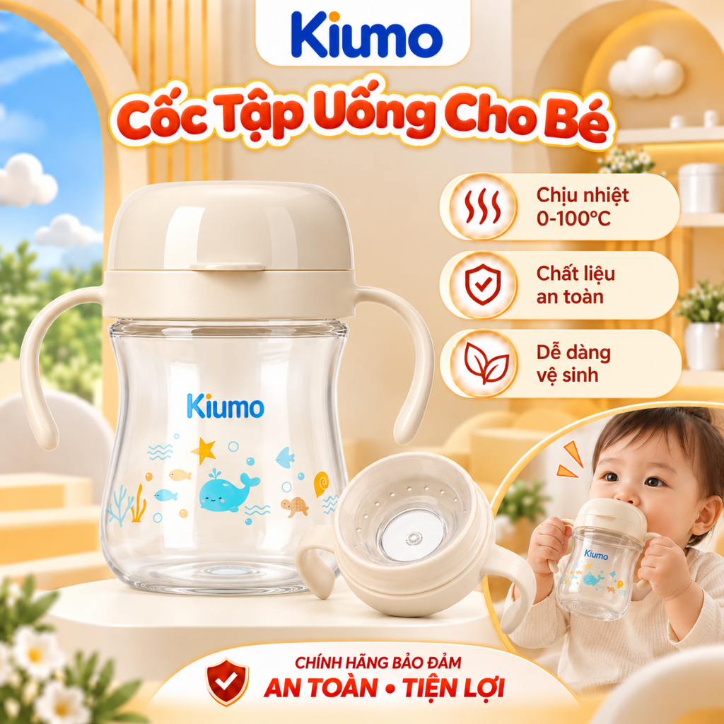 Kiumo Bình Nước Cho Bé 300ML Cốc Tập Uống 360° Tự Cầm, Cốc Uống Nước Cho Trẻ Em Không Ống Hút, Chống Tràn, Có Tay Cầm