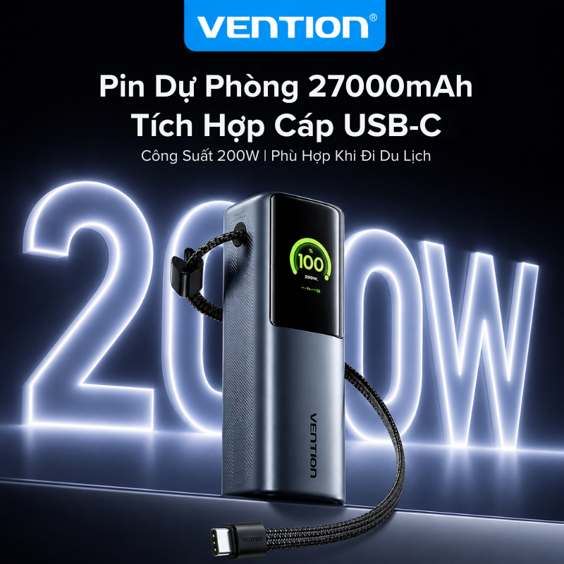 Sạc dự phòng nhanh 27.000mAh 200W, Cáp Type-C tích hợp 240W, Màn hình kỹ thuật số TFT với khuôn mặt cười AI, 2 cổng USB-A / C