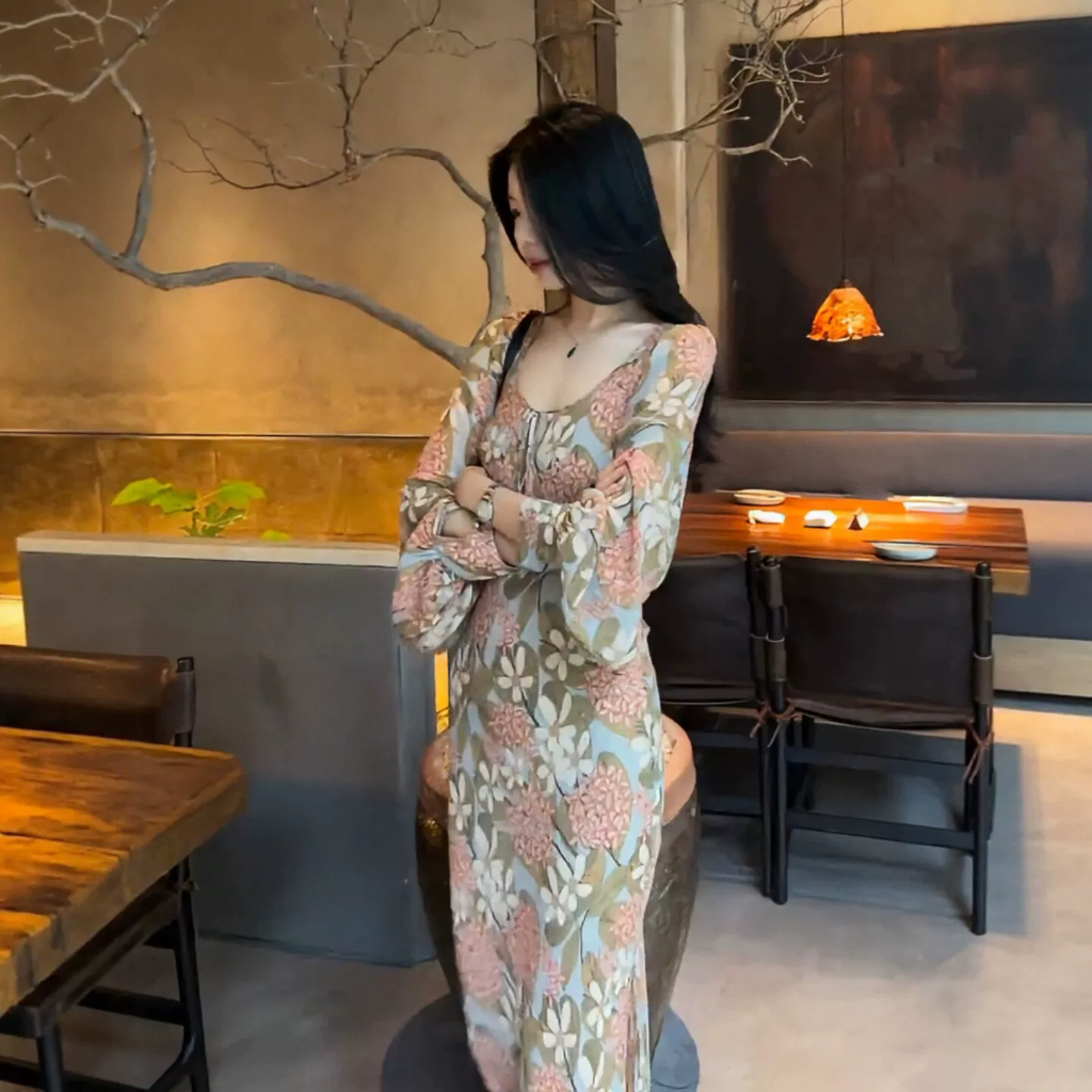 Váy dài voan hoa gợi cảm kiểu Pháp dành cho nữ dáng ôm hơn cổ chữ V có dây buộc dài tay in hình váy Skinny dài