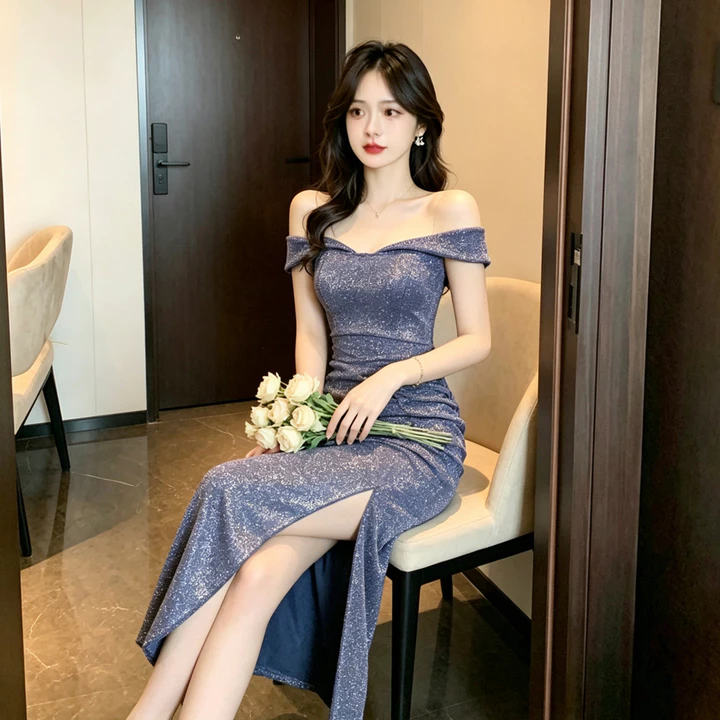 đầm nữ xanh dương dự tiệc cao cấp sang chảnh body dáng dài dạ hội đầm xinh trễ vai tiểu thư thiết kế nàng thơ party night dạ hội