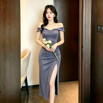 đầm nữ xanh dương dự tiệc cao cấp sang chảnh body dáng dài dạ hội đầm xinh trễ vai tiểu thư thiết kế nàng thơ party night dạ hội