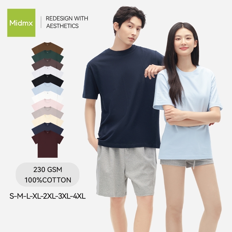 MIDMX 230G Áo thun ngắn tay cotton nguyên chất dày dặn, phong cách thường ngày dễ phối đồ, màu trơn, unisex, thoải mái và thoáng khí