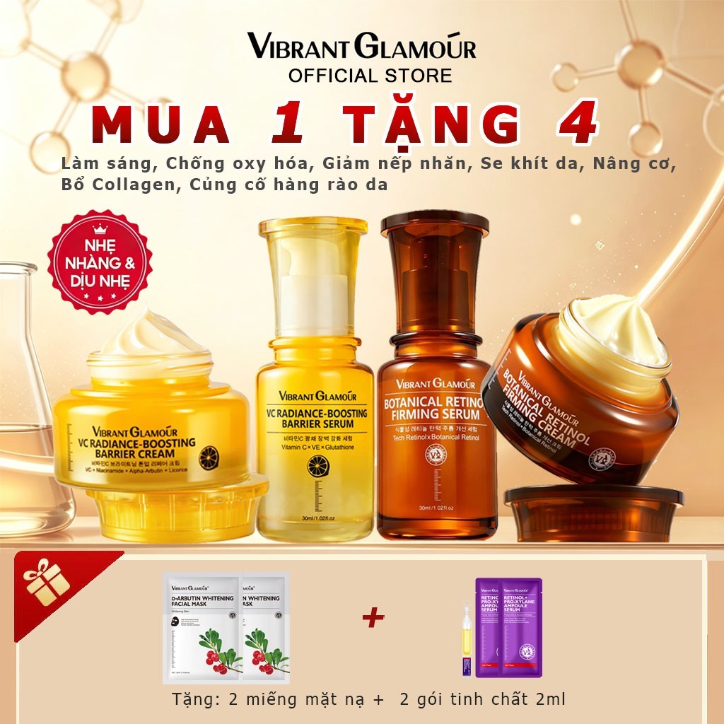 Bộ chăm da sáng tối 4 món VIBRANT GLAMOUR Serum VC Retinol Làm sáng da cấp ẩm cải thiện da xỉn màu mỗi sản phẩm 30ml