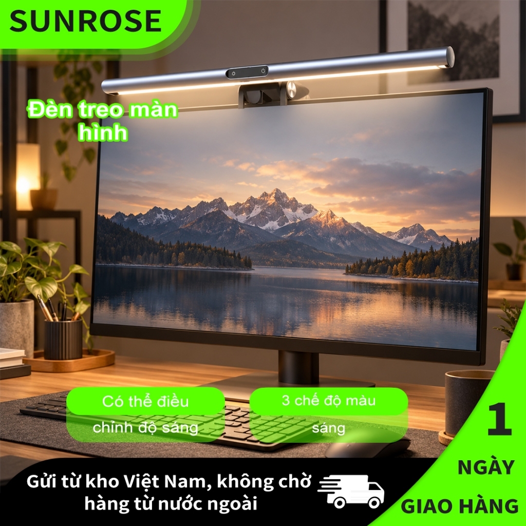 SUNROSE S2 Đèn gắn màn hình, Nguồn sáng chống chói bất đối xứng,Đèn LED màn hình máy tính,  Điều khiển cảm ứng, 3 chế độ màu, Làm mờ vô cấp, Chống ánh sáng xanh & Không nhấp nháy, Đèn bàn chăm sóc mắt Monitor light bar