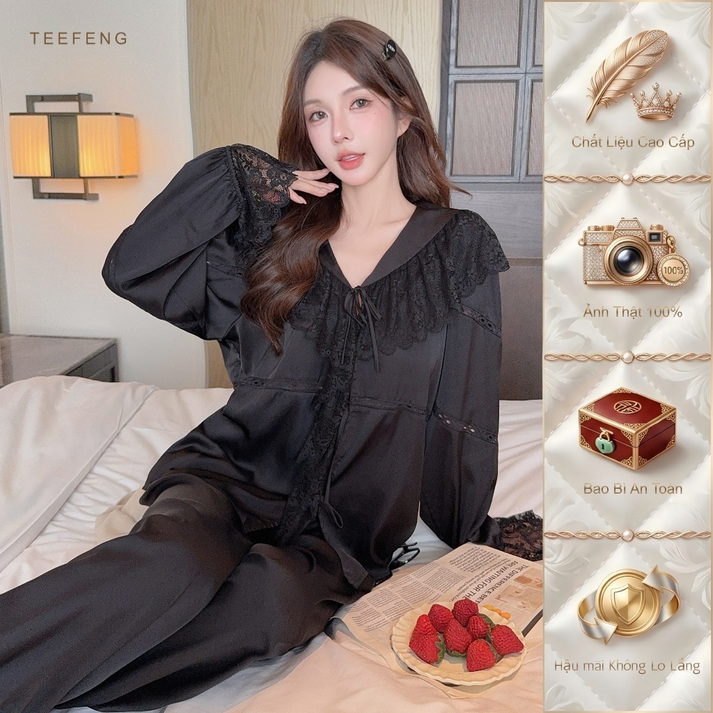 TEEFENG Bộ Đồ Ngủ Nữ Lụa Cao Cấp Ren Viền Phong Cách Cung Điện Dài Tay Mùa Thu Loungewear