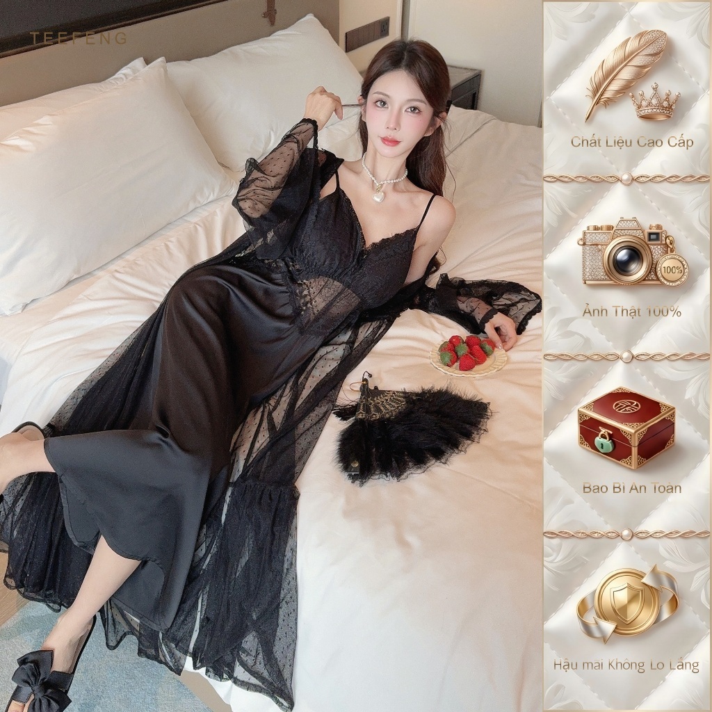 TEEFENG Bộ Váy Ngủ Hai Mảnh Nữ Lụa Cao Cấp Ren Vải Lưới Mềm Phong Cách Sang Trọng Sling Mùa Thu Homewear