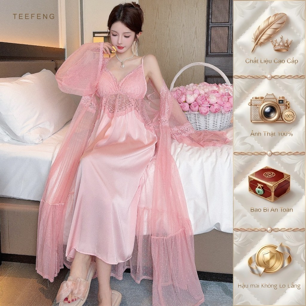 TEEFENG Bộ Váy Ngủ Hai Mảnh Nữ Lụa Cao Cấp Ren Vải Lưới Mềm Phong Cách Sang Trọng Sling Mùa Thu Homewear