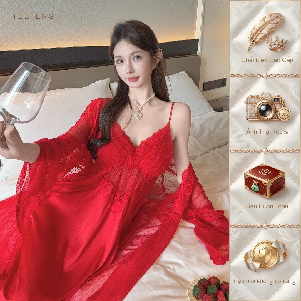 TEEFENG Bộ Váy Ngủ Hai Mảnh Nữ Lụa Cao Cấp Ren Vải Lưới Mềm Phong Cách Sang Trọng Sling Mùa Thu Homewear
