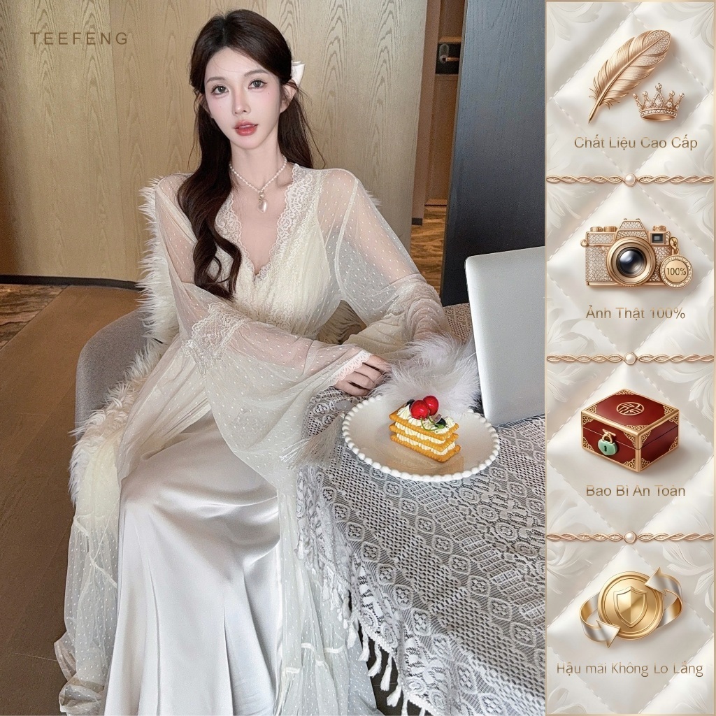 TEEFENG Bộ Váy Ngủ Hai Mảnh Nữ Lụa Cao Cấp Ren Vải Lưới Mềm Phong Cách Sang Trọng Sling Mùa Thu Homewear