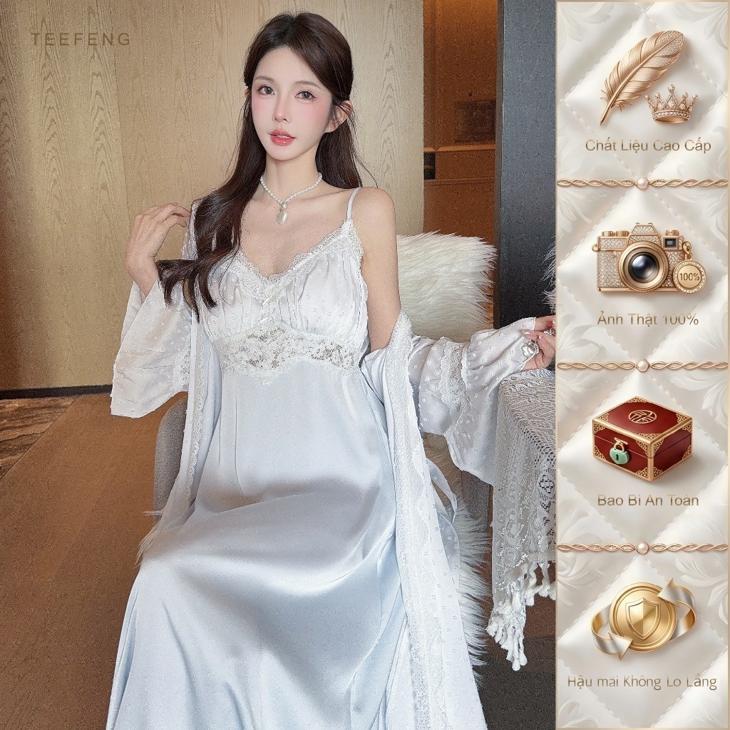 TEEFENG Bộ Váy Ngủ Hai Mảnh Lụa Cao Cấp Ren Viền Phong Cách Sang Trọng Sling Mùa Thu Loungewear
