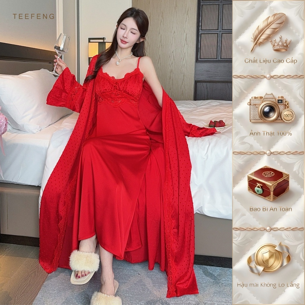 TEEFENG Bộ Váy Ngủ Hai Mảnh Lụa Cao Cấp Ren Viền Phong Cách Sang Trọng Sling Mùa Thu Loungewear