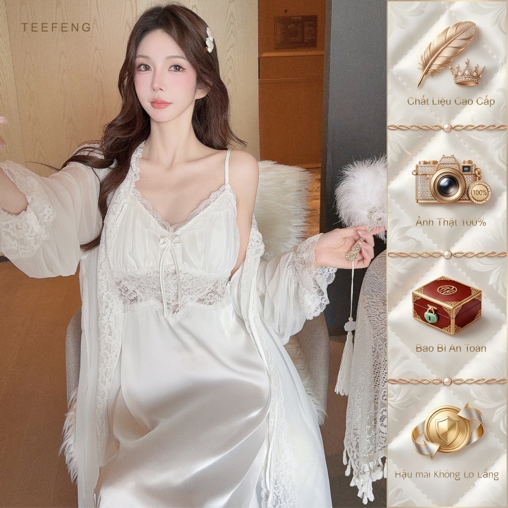 TEEFENG Bộ Váy Ngủ Hai Mảnh Ren Lụa Cao Cấp Ren Viền Phong Cách Sang Trọng Sling Mùa Thu Mặc Nhà
