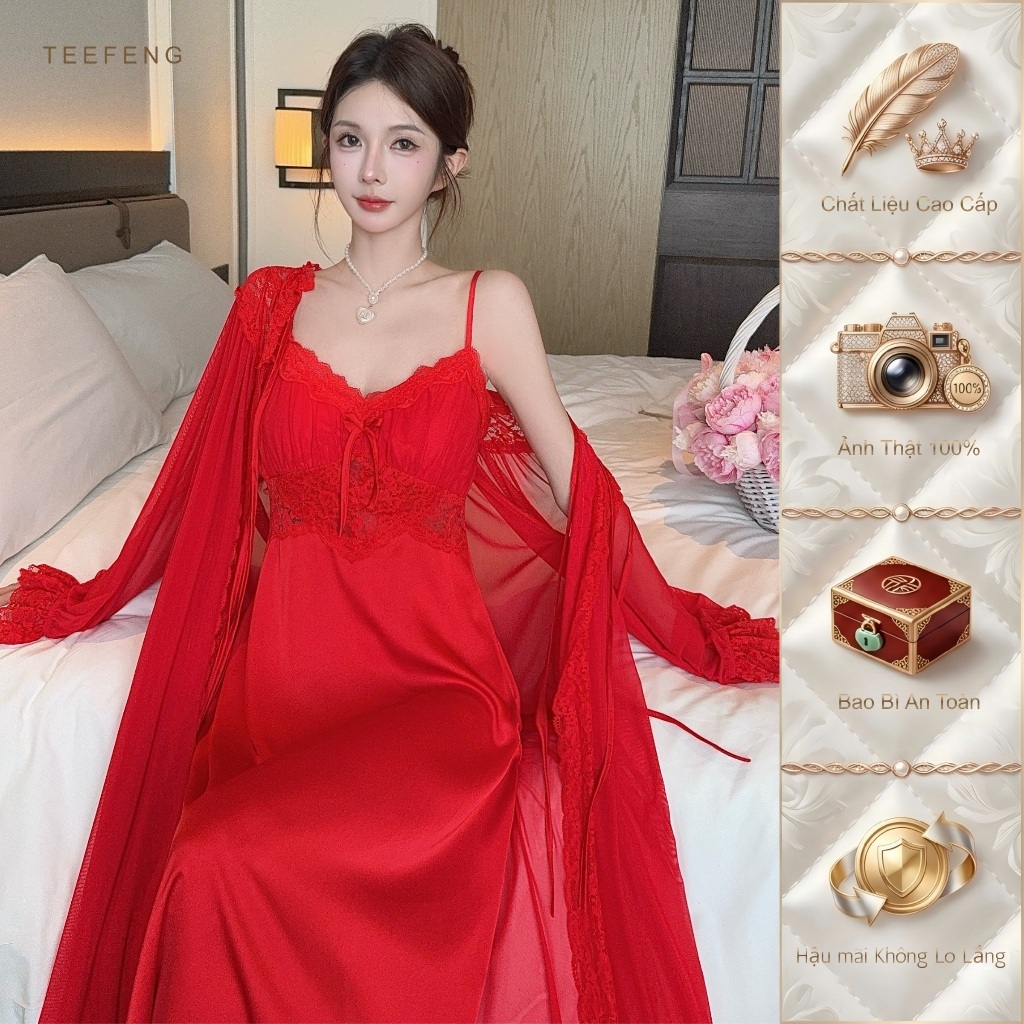 TEEFENG Bộ Váy Ngủ Hai Mảnh Ren Lụa Cao Cấp Ren Viền Phong Cách Sang Trọng Sling Mùa Thu Mặc Nhà