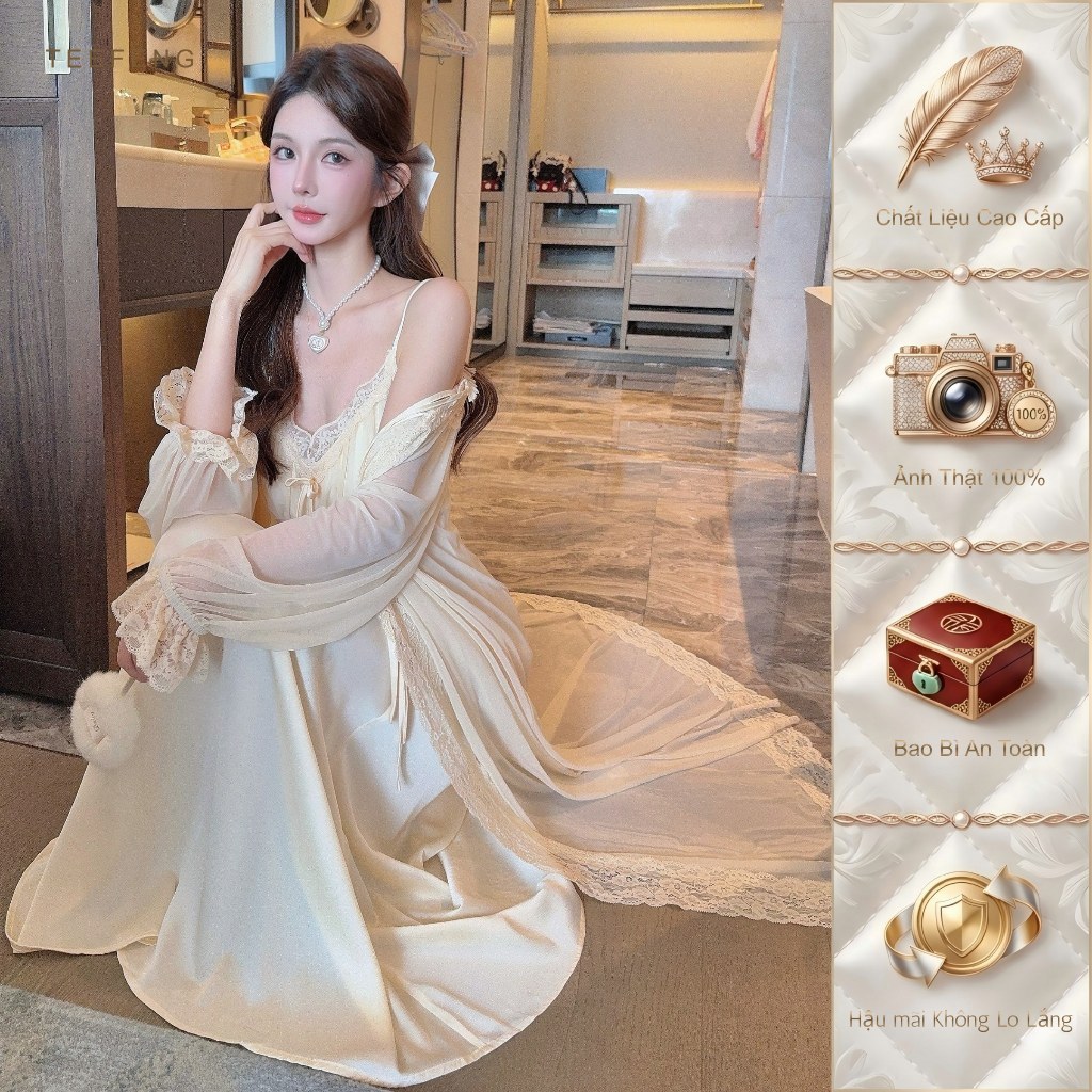 TEEFENG Bộ Váy Ngủ Hai Mảnh Ren Lụa Cao Cấp Ren Viền Phong Cách Sang Trọng Sling Mùa Thu Mặc Nhà