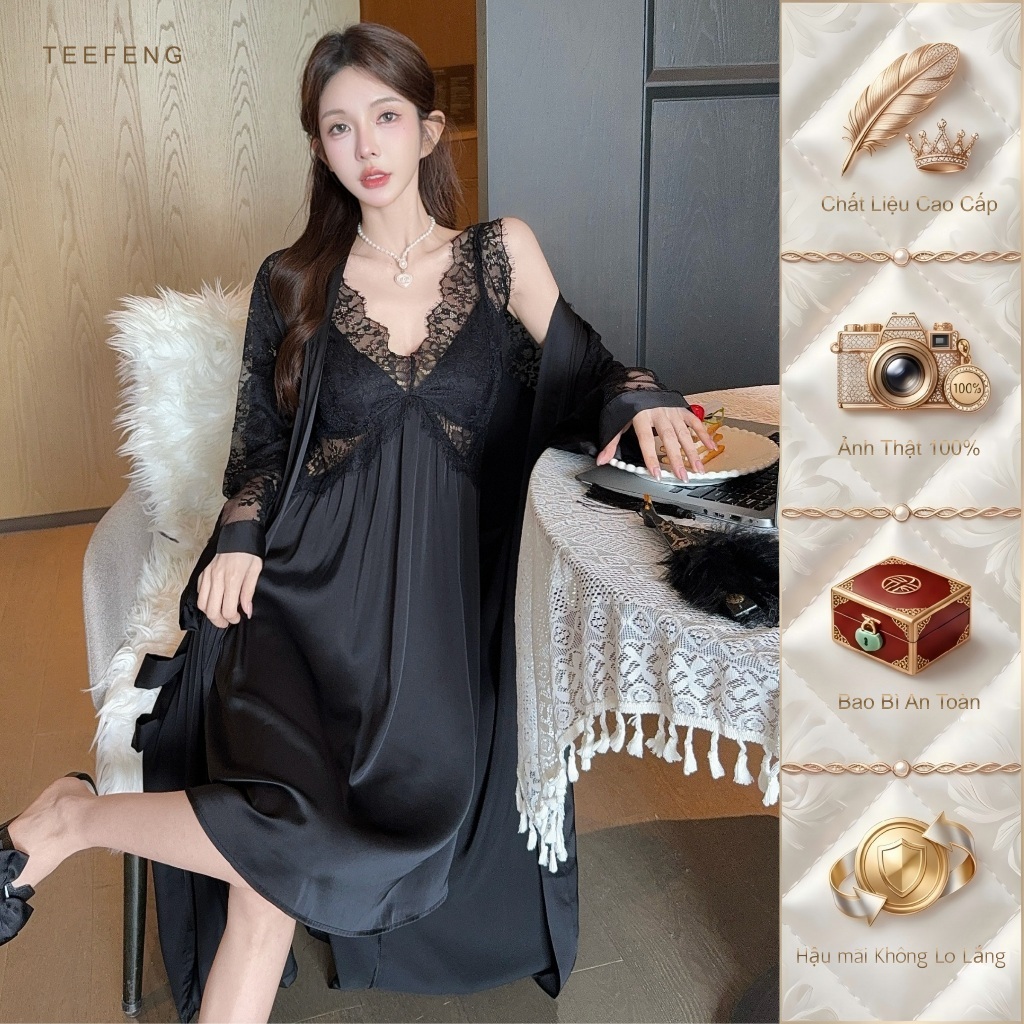 TEEFENG Bộ Váy Ngủ Hai Mảnh Lụa Cao Cấp Ren Viền Phong Cách Tòa Án Sling Mùa Hè Homewear