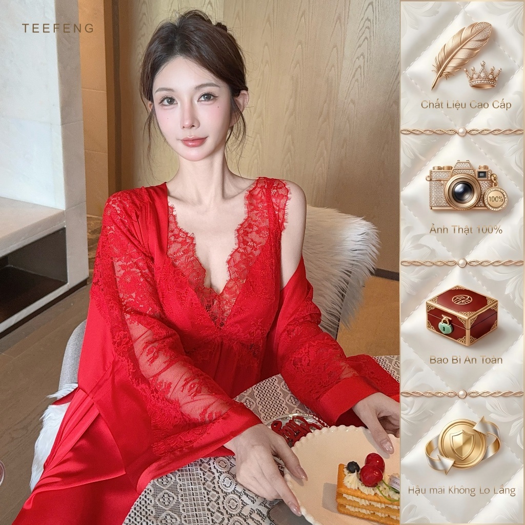 TEEFENG Bộ Váy Ngủ Hai Mảnh Lụa Cao Cấp Ren Viền Phong Cách Tòa Án Sling Mùa Hè Homewear