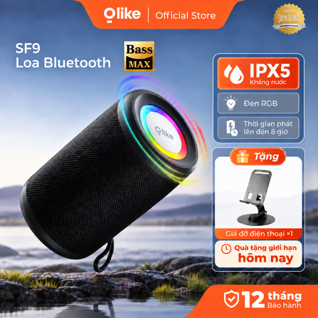 Loa Bluetooth Olike SF9 Mini Loa Không Dây Bass Mạnh Chống Nước IPX5 Đèn LED RGB Bluetooth 6.0 Pin 8 Giờ Hỗ Trợ TWS