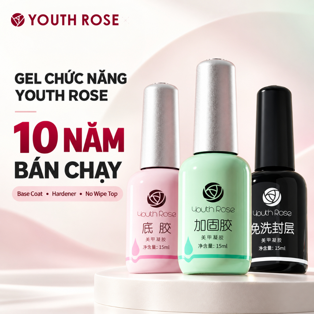 Youth Rose base top hoa hồng chính hãng 15ml - gel liên kết, top phủ bóng, cứng móng cao cấp - Nails Red