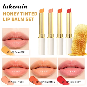 Son dưỡng môi màu mật ong Lakerain Bộ 4 màu, Gói dưỡng ẩm chăm sóc môi, Son dưỡng môi Sheer có thể xây dựng, Kem dưỡng ẩm môi nhẹ nhàng Giảm nếp nhăn môi cho môi khô