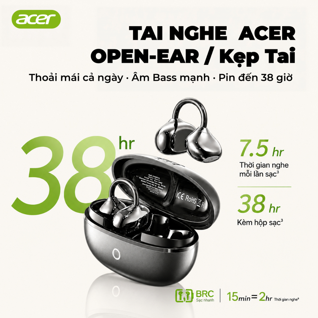 [Bảo hành 1 năm] Tai nghe Acer OHR654  Ows Tai nghe kẹp không dây mở Bluetooth 6.0 Tai nghe kẹp HiFi Dolby âm thanh thể thao không rò rỉ để sử dụng âm nhạc hàng ngày Pin 38 giờ