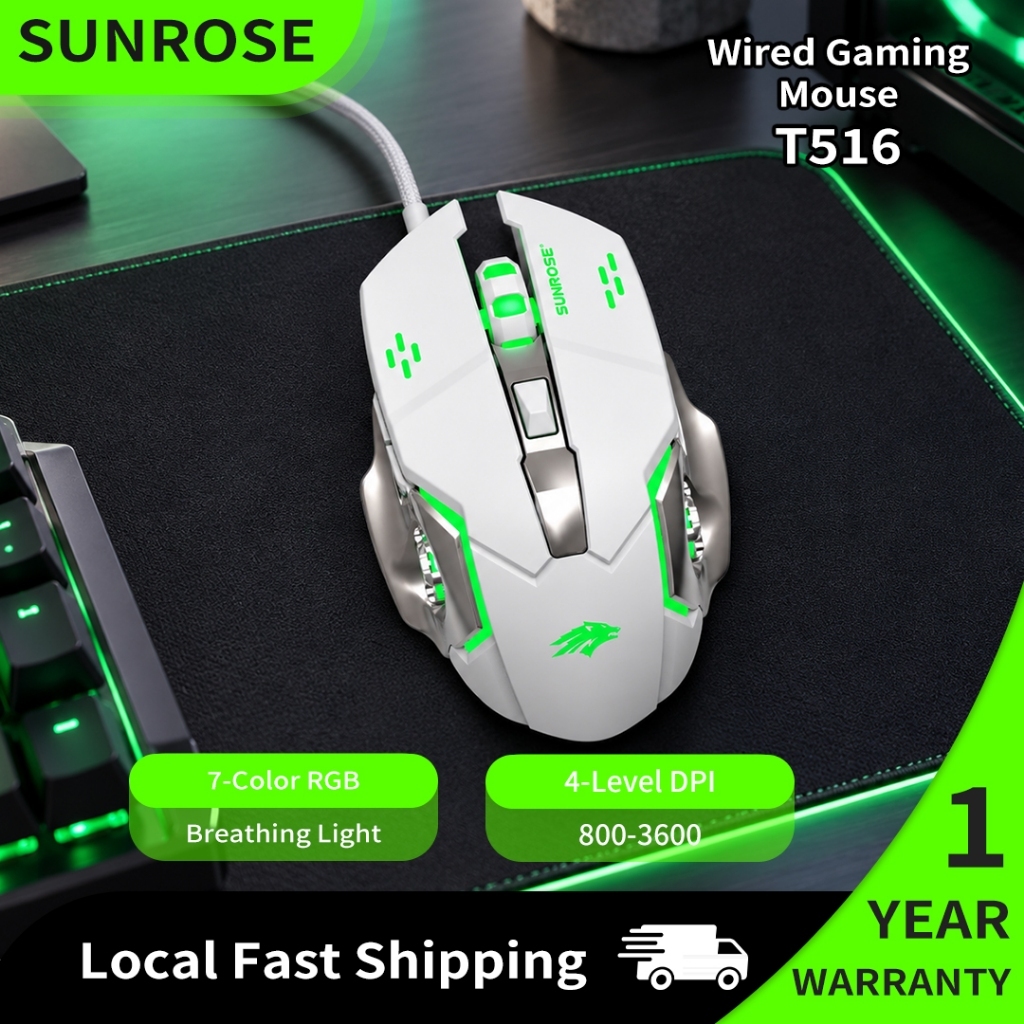 SUNROSE T516 Chuột chơi game có dây, Đèn thở RGB 7 màu, Cánh kim loại, DPI 4 cấp 800-3600, Tay cầm tiện dụng cho game thủ PC