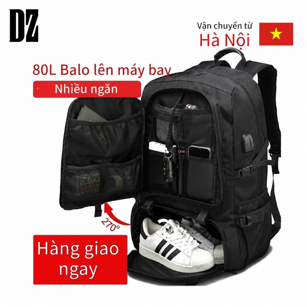 Balo du lịch công tác 50-80L đựng laptop 18 inch nhiều ngăn, ngăn giày, cổng USB chống thấm nước balo leo núiđanăng
