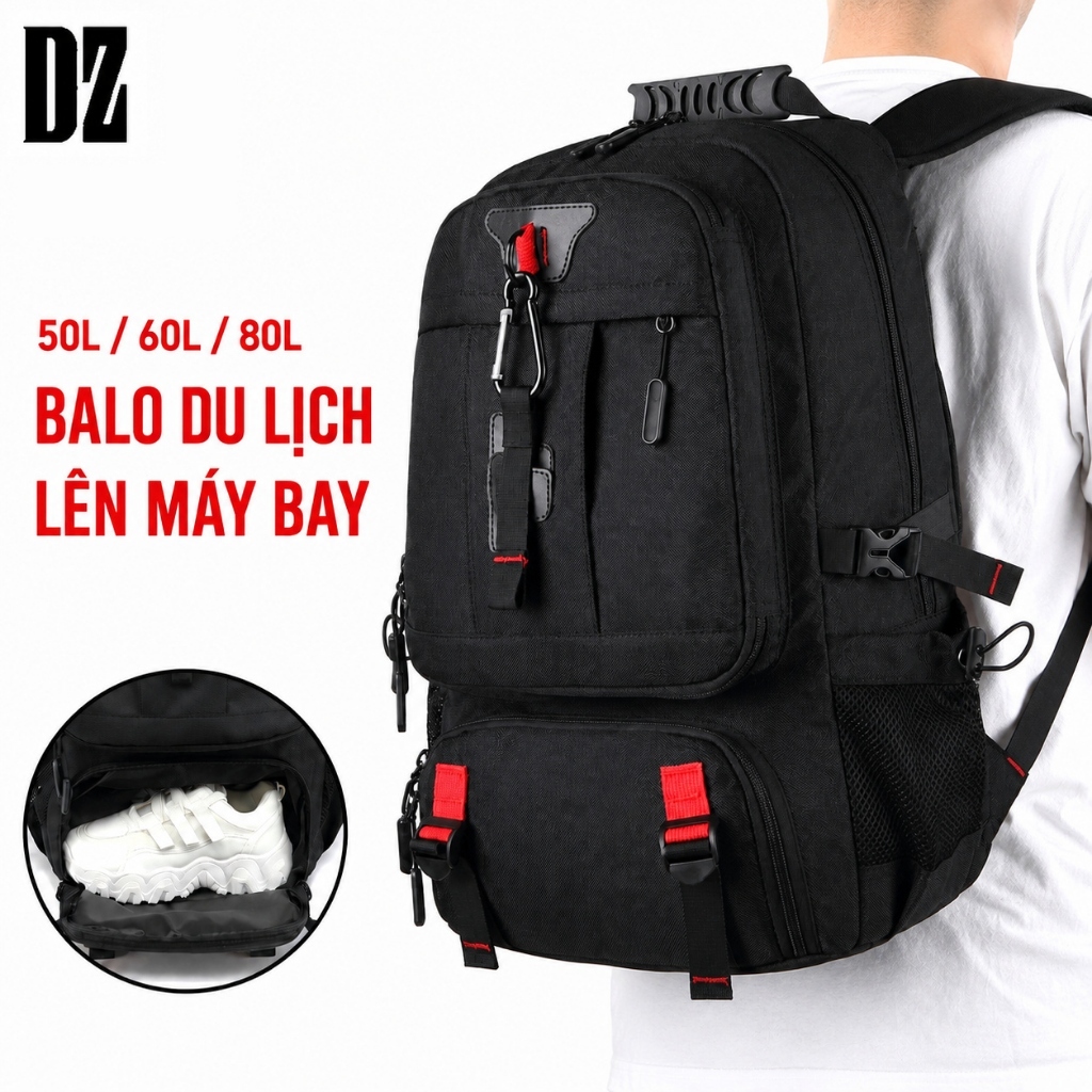 Balo Du Lịch Nam 50-80L Mở Rộng 25%, Mở Phẳng 180°, Ngăn Giày Riêng, Laptop 15.6-17.3 Inch Cổng USB