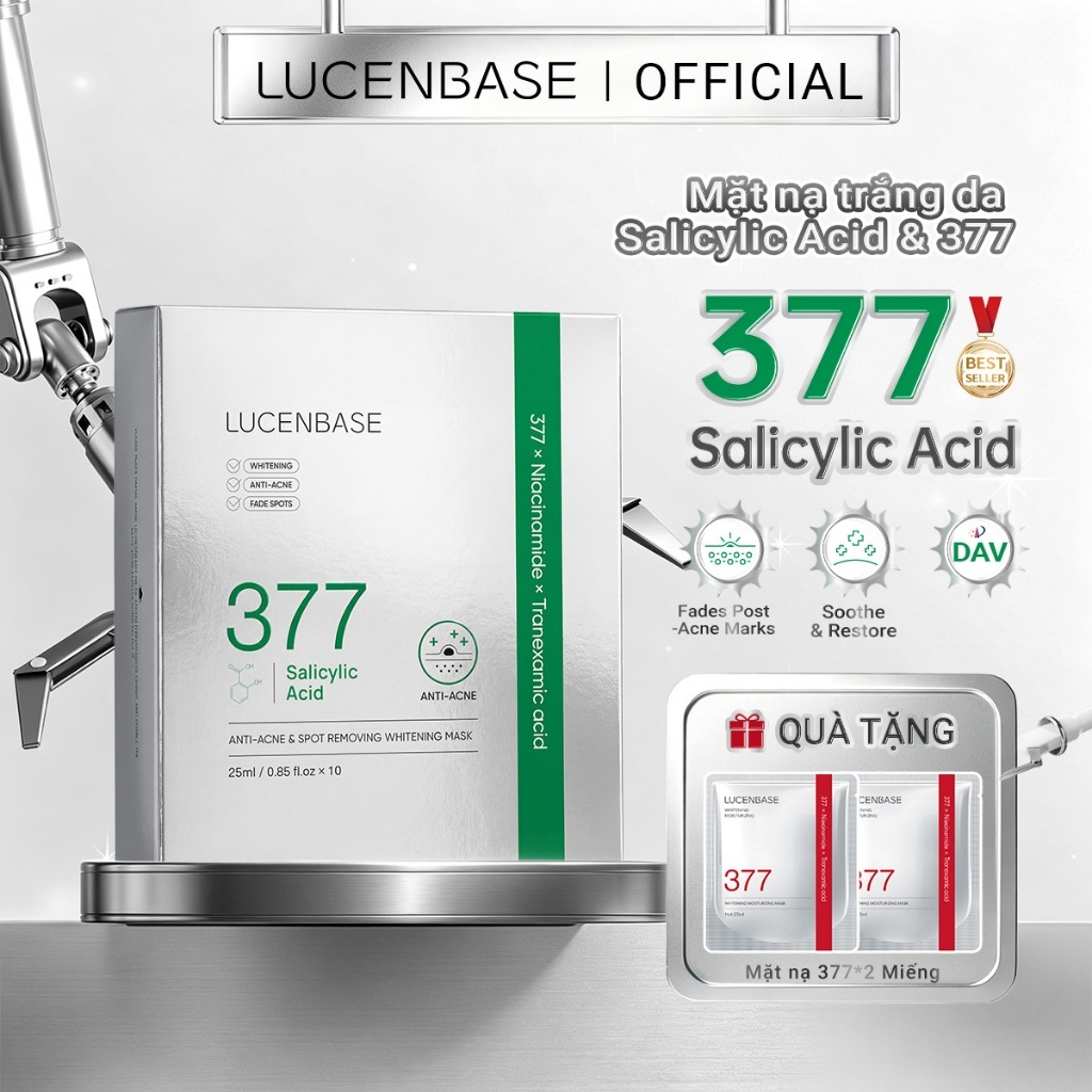 [MUA 1 TẶNG 2] Mặt nạ axit LUCENBASE 377 & Salicylic – Chống mụn, Làm trắng & Làm mờ vết thâm – 10 tờ / hộp + 2 tờ thưởng