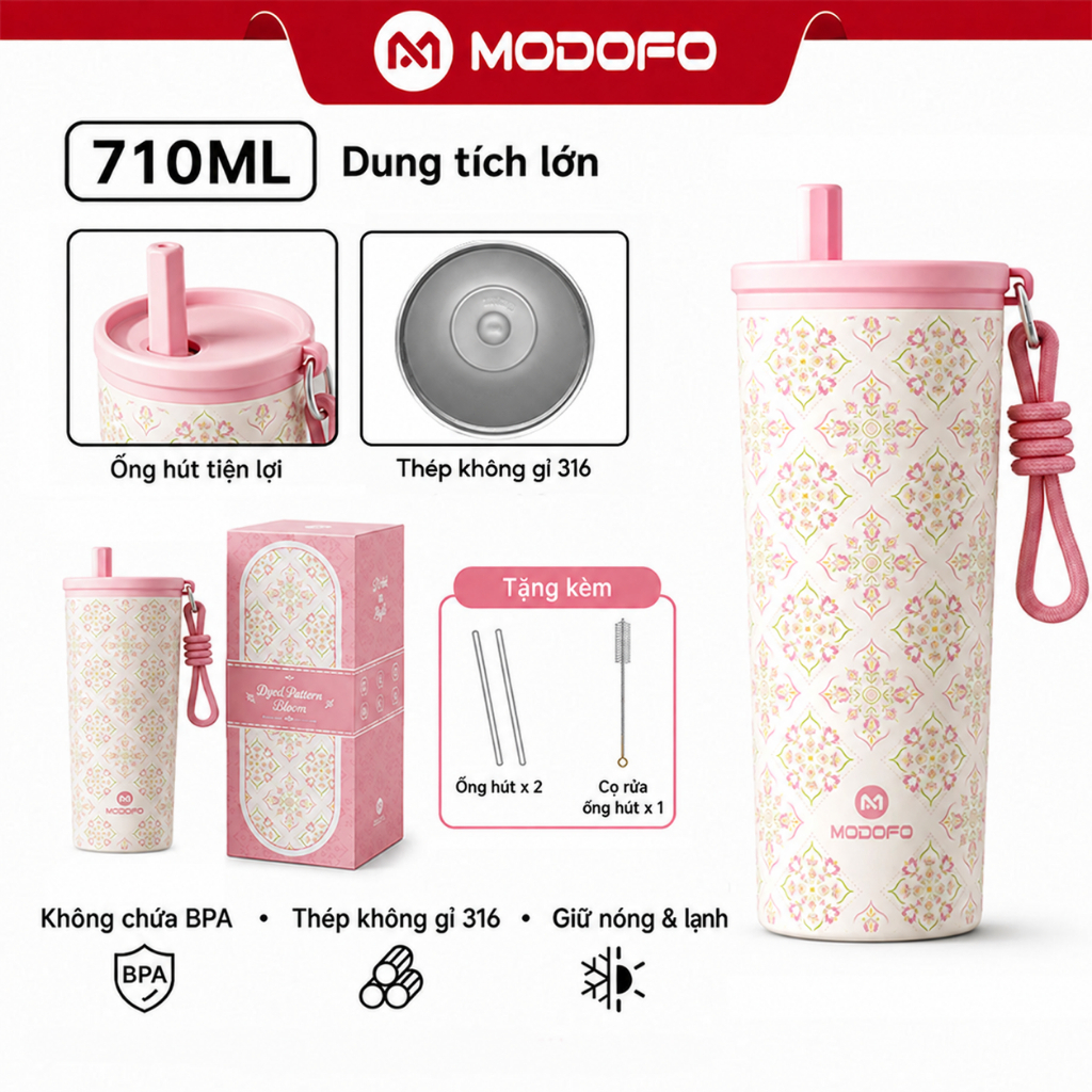 MODOFO Bình giữ nhiệt 710ml có ống hút, inox chống gỉ, giữ nhiệt giữ lạnh, thiết kế đẹp, dung tích lớn, tiện lợi mang đi