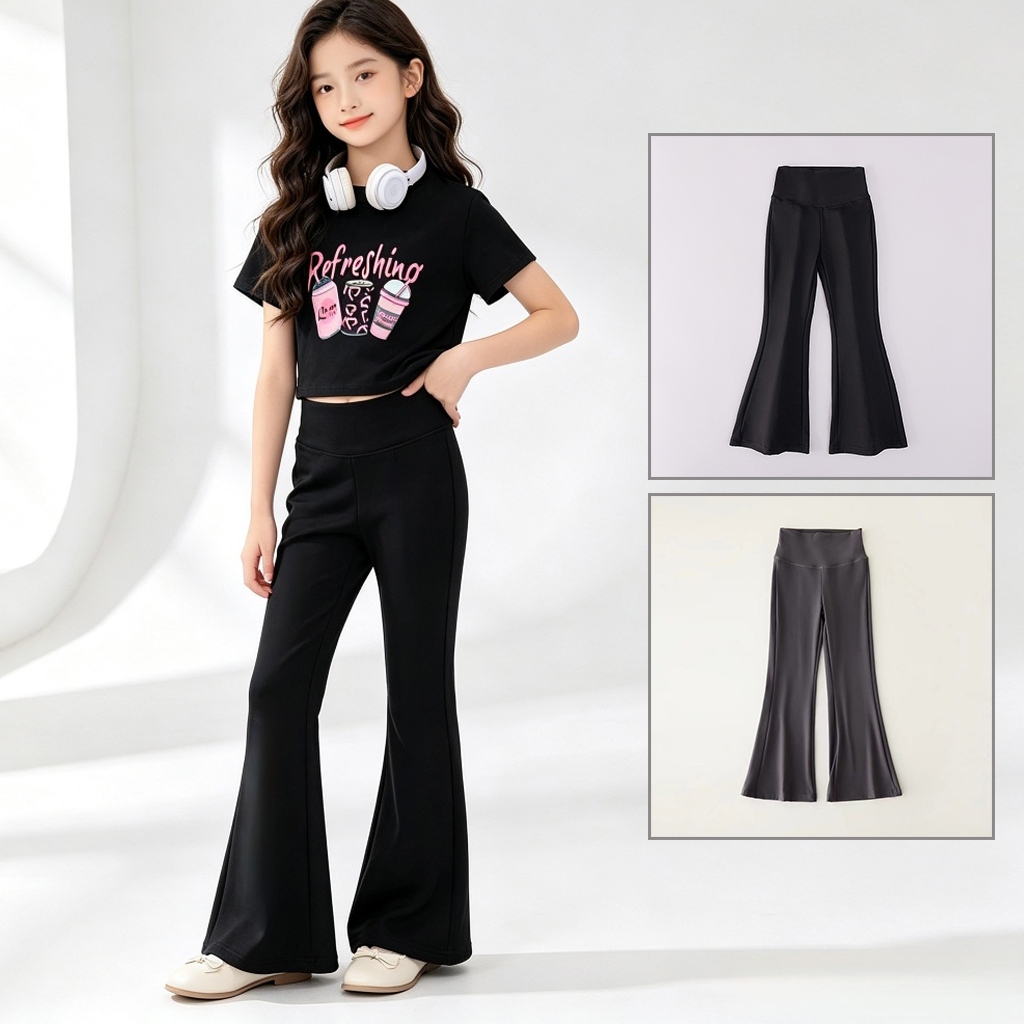 Quần ống loe bé gái mẫu mới, màu trơn dễ mix đồ. Style Hàn form ôm tôn dáng, quần dài vải mềm mại, co giãn cực tốt cho bé.