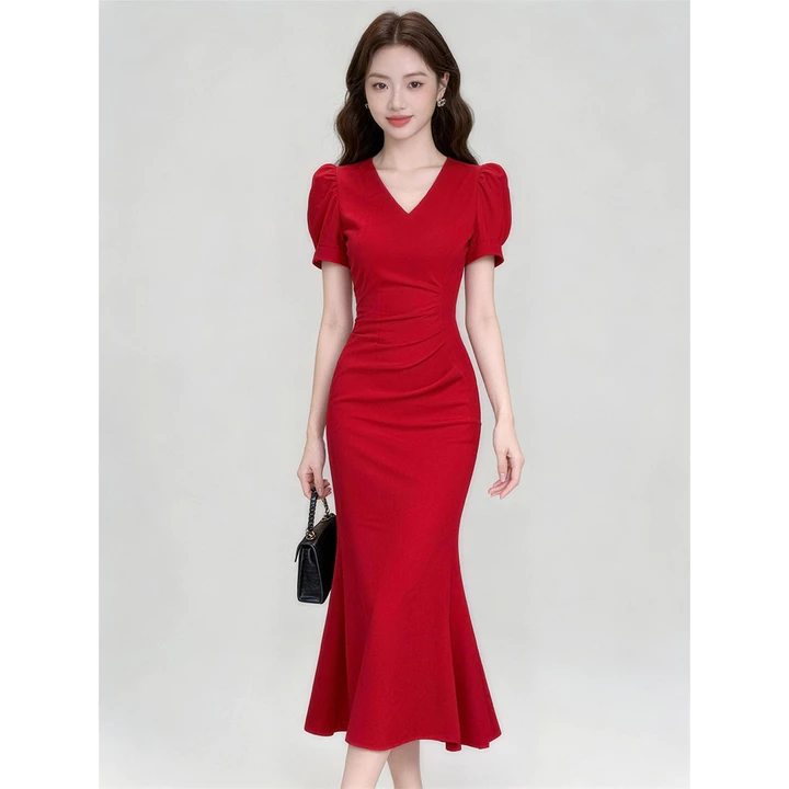 Đầm đỏ dài công sở trẻ trung nữ đầm dạo phố công sở thanh lịch váy liền basic suông công sở phong cách thanh lịch