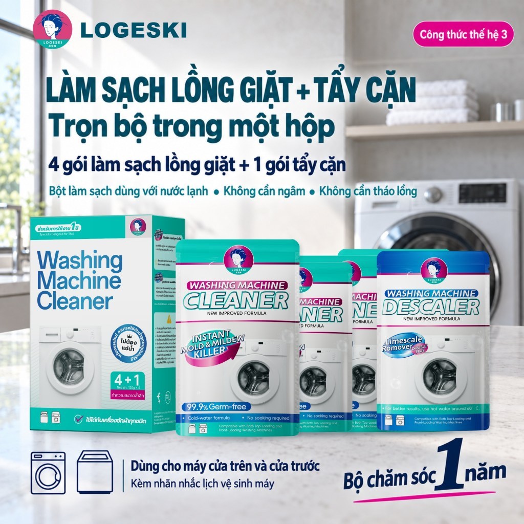 Bột Tẩy Lồng Máy Giặt LOGESKI Không Cần Ngâm Sạch Cặn Bẩn Nấm Mốc Khử Mùi Diệt 99.9% Vi Khuẩn