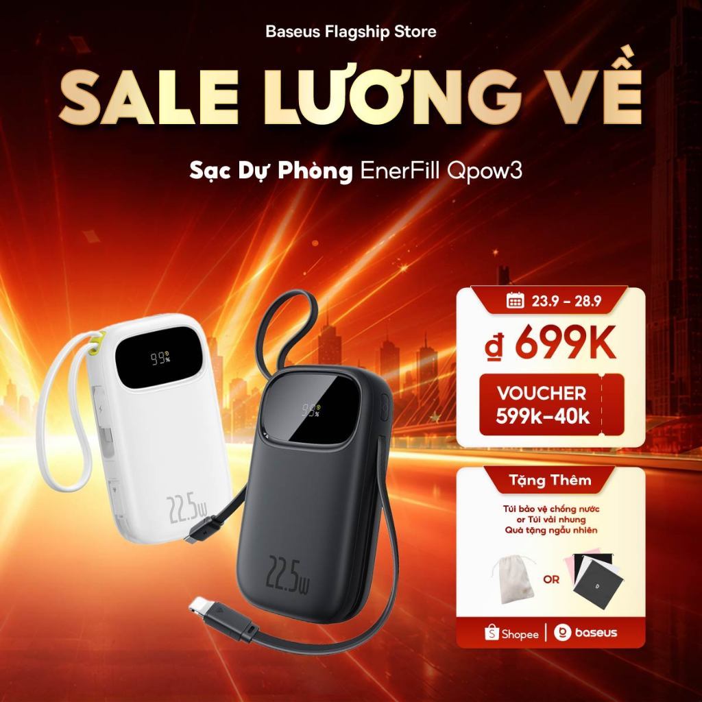 【CCC Certified】Baseus QPow3 Pin Dự Phòng Sạc Nhanh 22.5W – Màn Hình Kỹ Thuật Số, Cáp Kép, Nhỏ Gọn, CCC